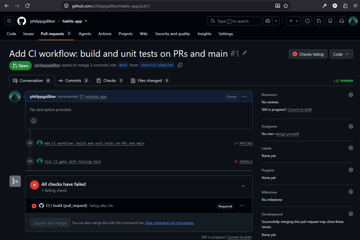 Pull request with a failing required check: the merge button is locked